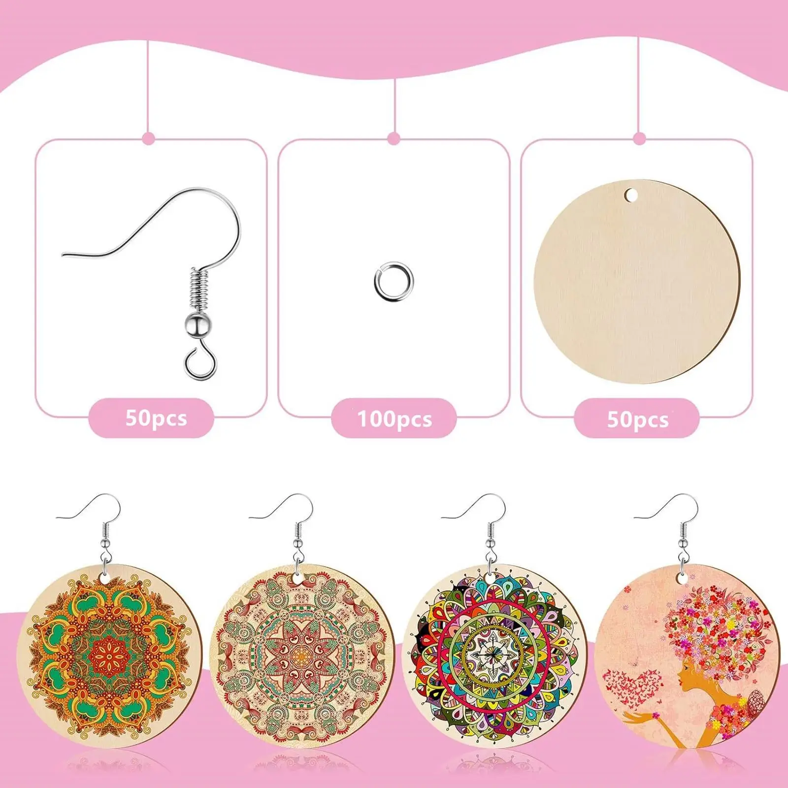 50x Unfinished Wooden Earrings Earrings Making Set for Women Include 50 Earring Hooks and 100 Jump Rings Wood Pendants