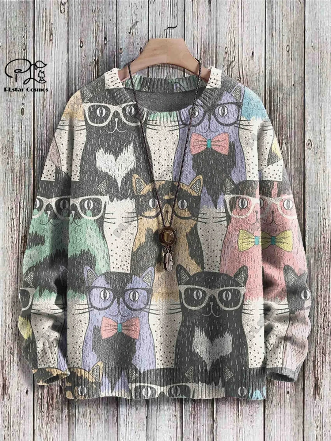 PLstar Cosmos new 3D printed animal series cat pattern ugly sweater street fun casual winter sweater M-5