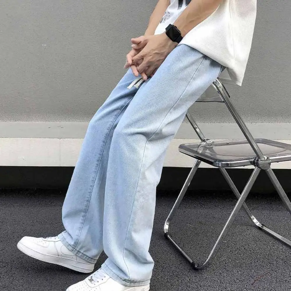 신축성 있는 허리 남성 캐주얼 청바지 루즈핏 스트레이트 레그 와이드 레그 팬츠 와이드 레그 기본 디자인 데님 바지 패션 트렌드