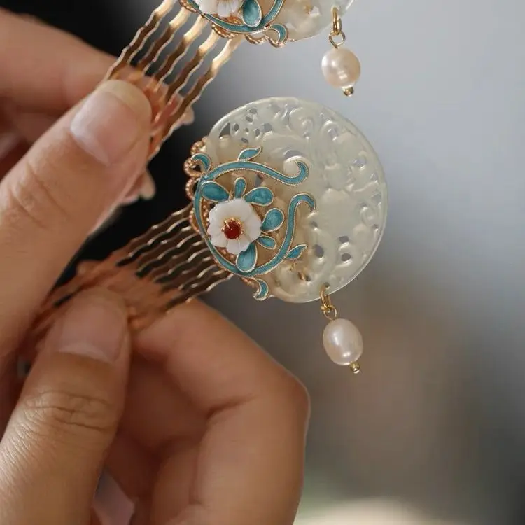 Natural Jade Plate Hanging Hairpin Tang and Song Hanfu Headwear Daily Hair Comb Antique Simple Hanging Design