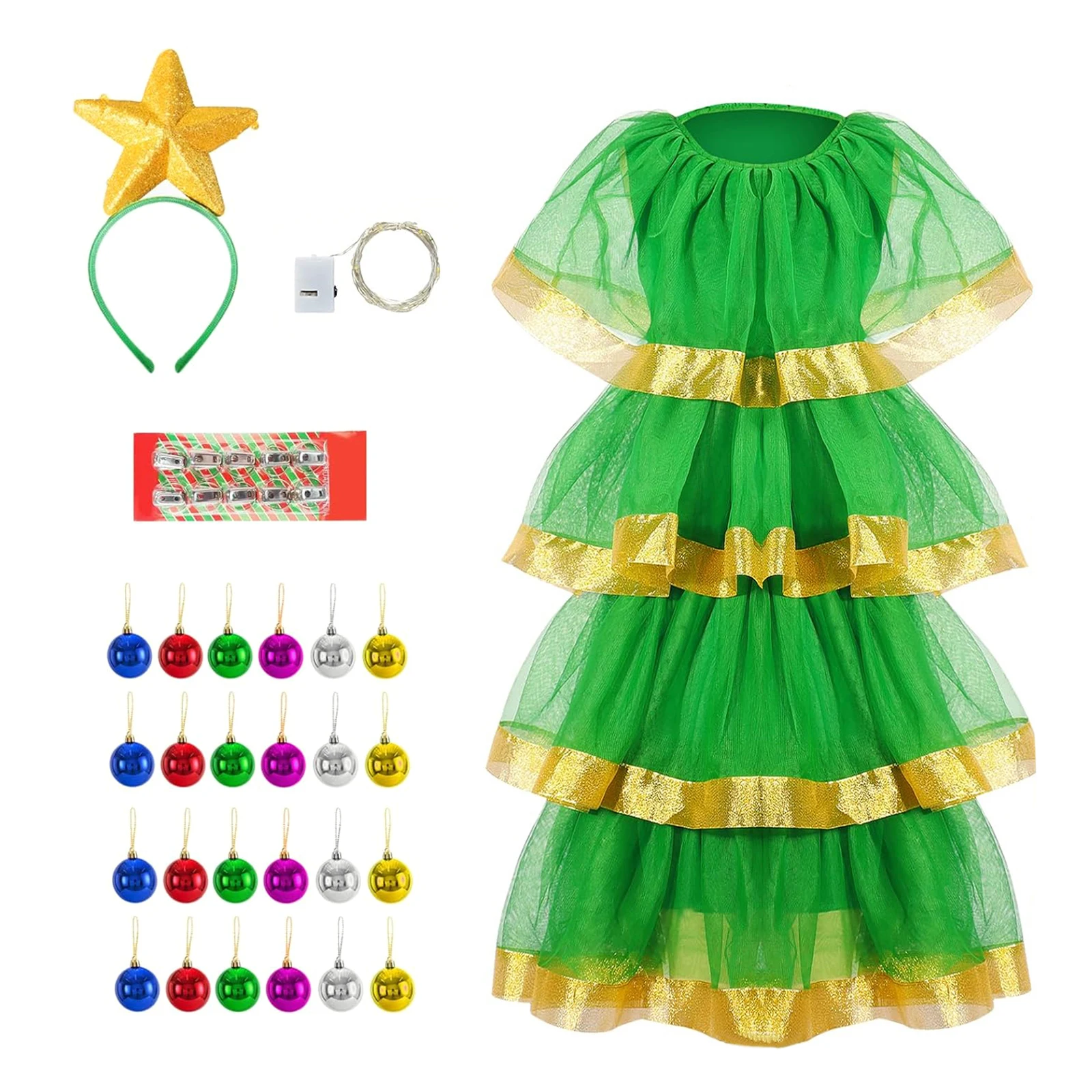 Novo traje feminino de árvore de natal, vestido de tule em camadas com babados, fantasias cosplay para festas s m l