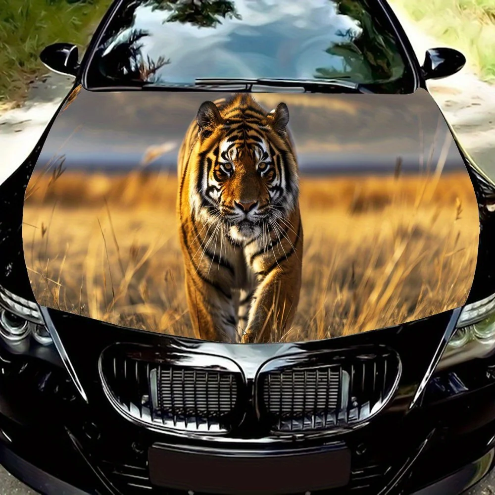 

Sunset Grassland Tiger Hunting Car Hood Vinyl Wraps Sticker, Car Engine Decal, Waterproof Self-adhesive Car Packaging Cover, Uni