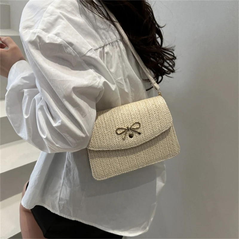 

E8FB Casual Straw Shoulder Bag Practical and Lightweight Crossbody Purse with Adjustable Strap Suitable for Various Occasion