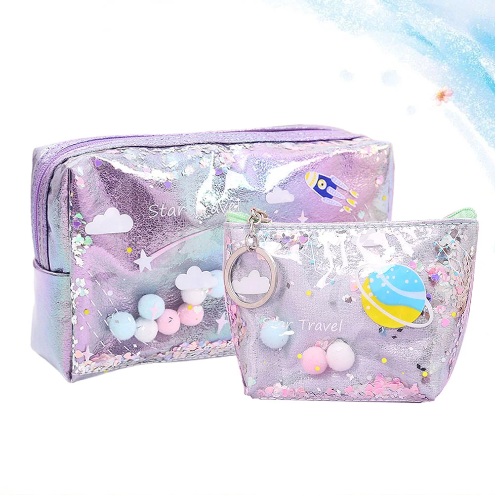 

2pcs Fashion Storage Bags Set Quicksand Makeup Bag Waterproof Toiletry Bag Portable Coin Purse for Women Girls (Purple, Large Si