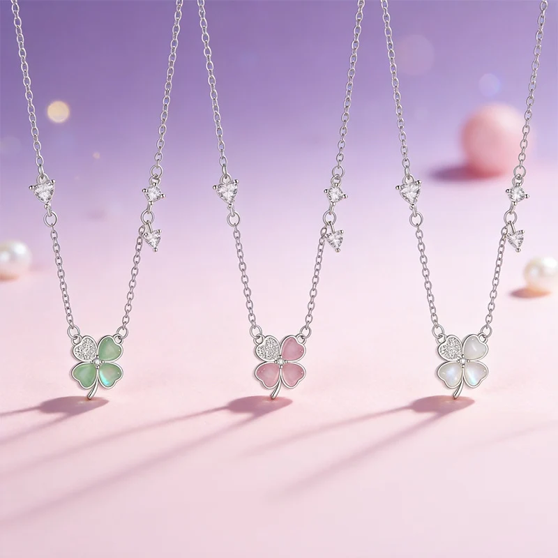 

S925 Silver Lucky Green Clover Pink Flowers Sparkling Heart shaped Zircon as a Birthday Party Gift for Her