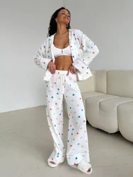 HiLoc Color Heart Printing Casual Cotton Pajamas Set Women Two Pieces Pants With Shorts Suits Women Homewear 2024 Ladies Outfits