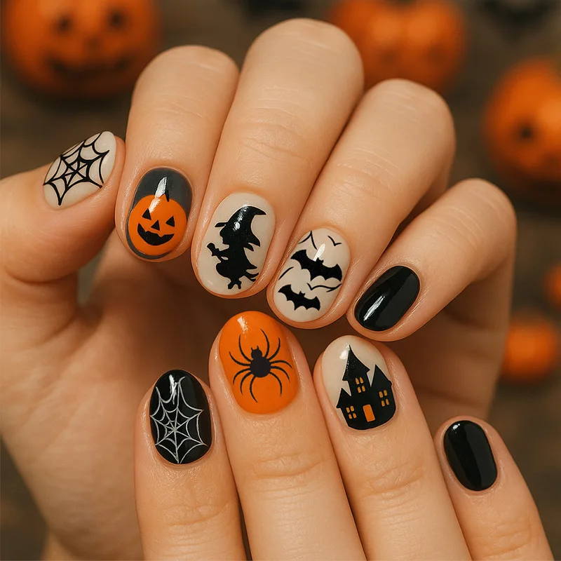 

24pcs Halloween Night Light Dark Spider Press on Nails Halloween Fake Nails Full Cover Wearable False Nails