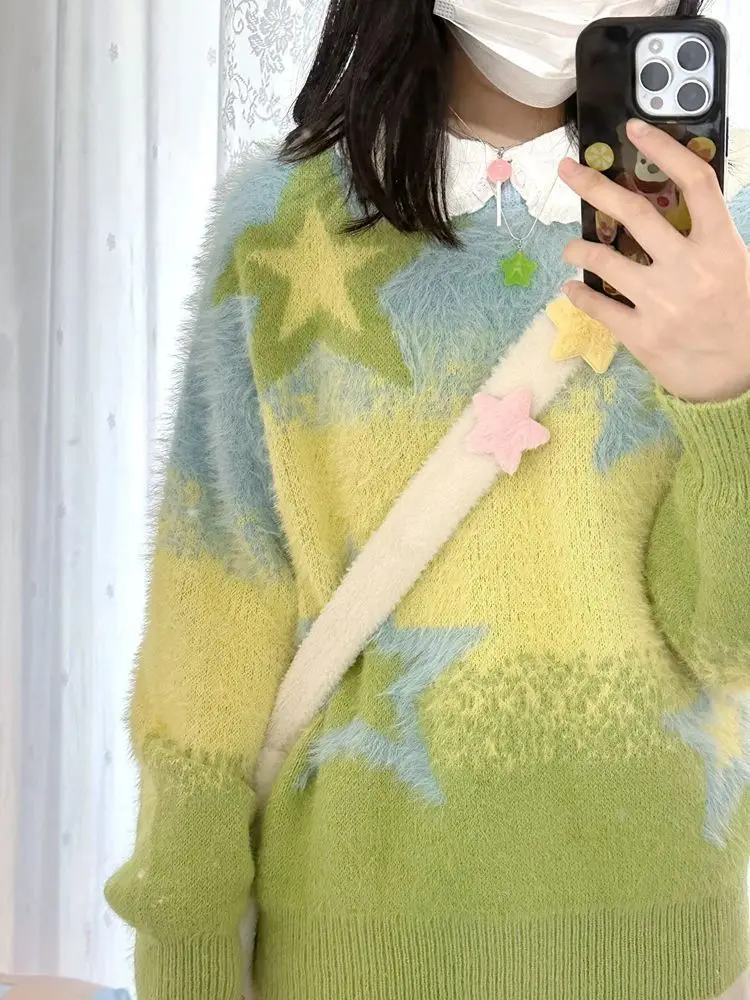 American Retro Casual Star Gradient Sweater For Women Lazy Loose Long Sleeve Tops Mujer 2025 Autumn Winter New Knitted Pullover