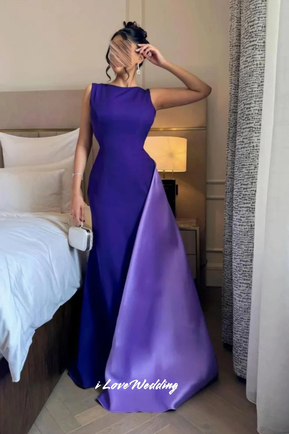 

Purple O-Neck Evening Dresses 2025 Sleeveless Backless Bow Mermaid Floor-Length Sweep Train Pleat Wedding Party Dress Customized