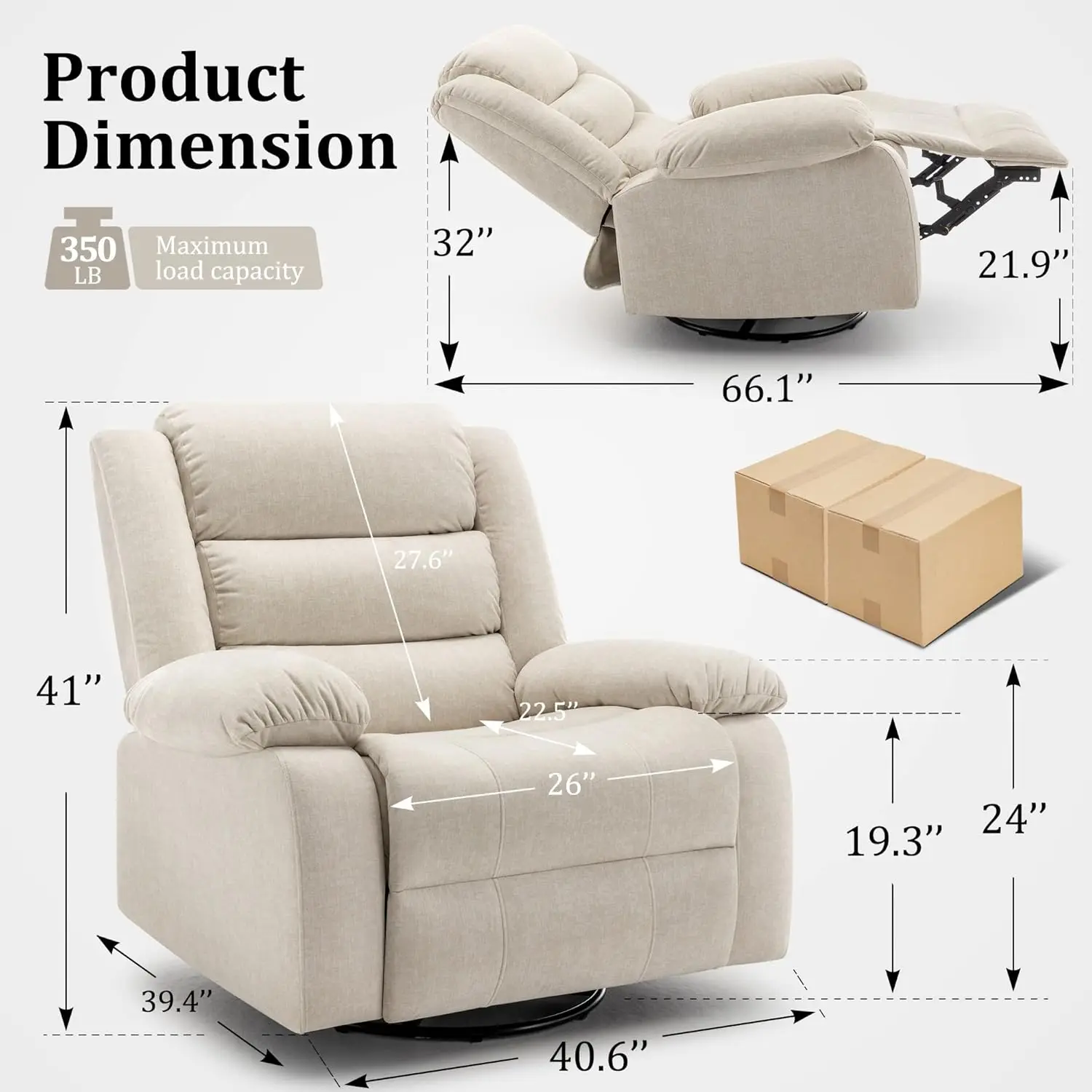 Rocking chair with massage and heating function, 360 ° rotation, oversized lounge chair, cashmere lounge chair, beige color