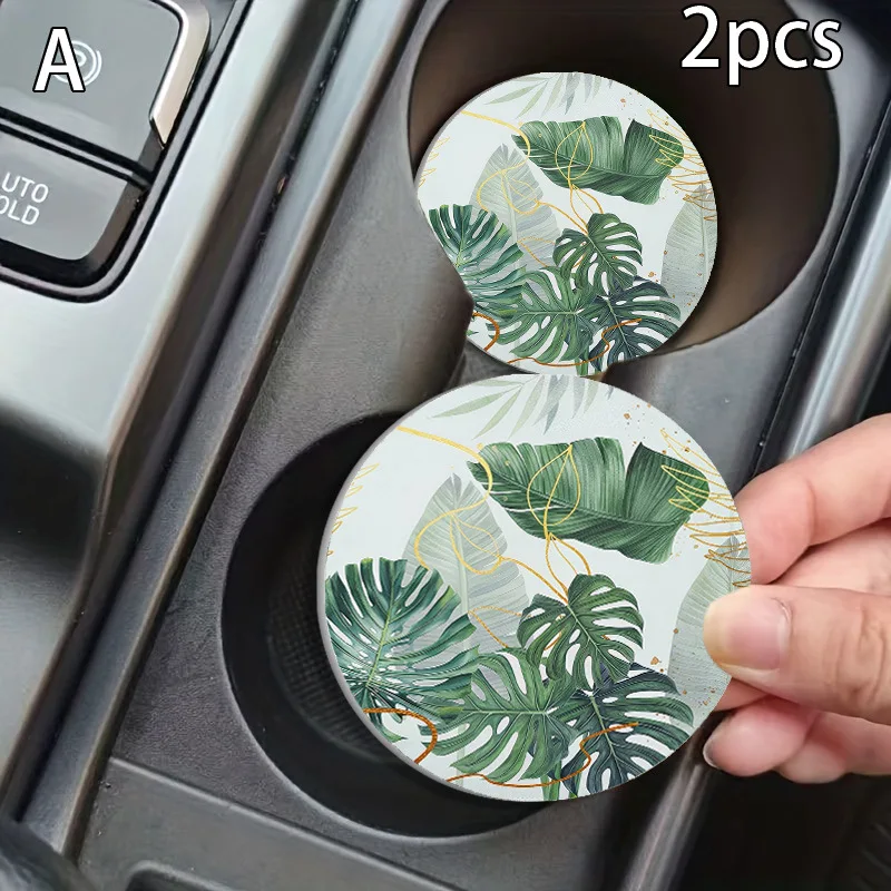 2Pcs Tropical Monstera Palm Leaf Gold Line Botanical Pattern Leather Car Cup Holder Coasters, Anti Slip Base Waterproof Washable