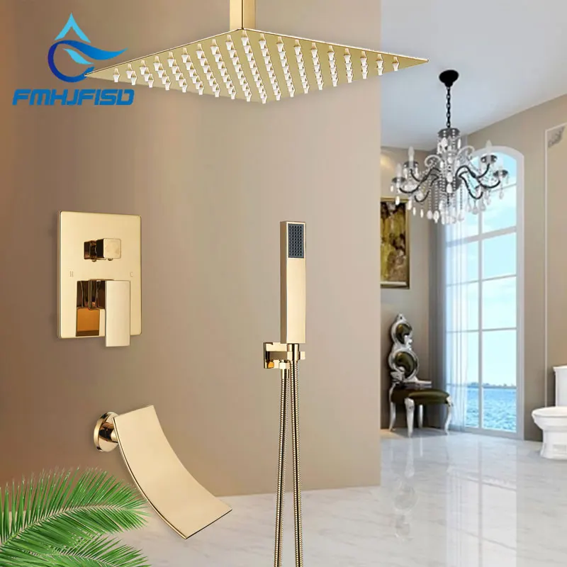 Brass Golden Shower Set Ceiling /Wall Mounted Concealed Bathroom Shower System Single Handle Rainfall Shower Head Hot Cold Mixer