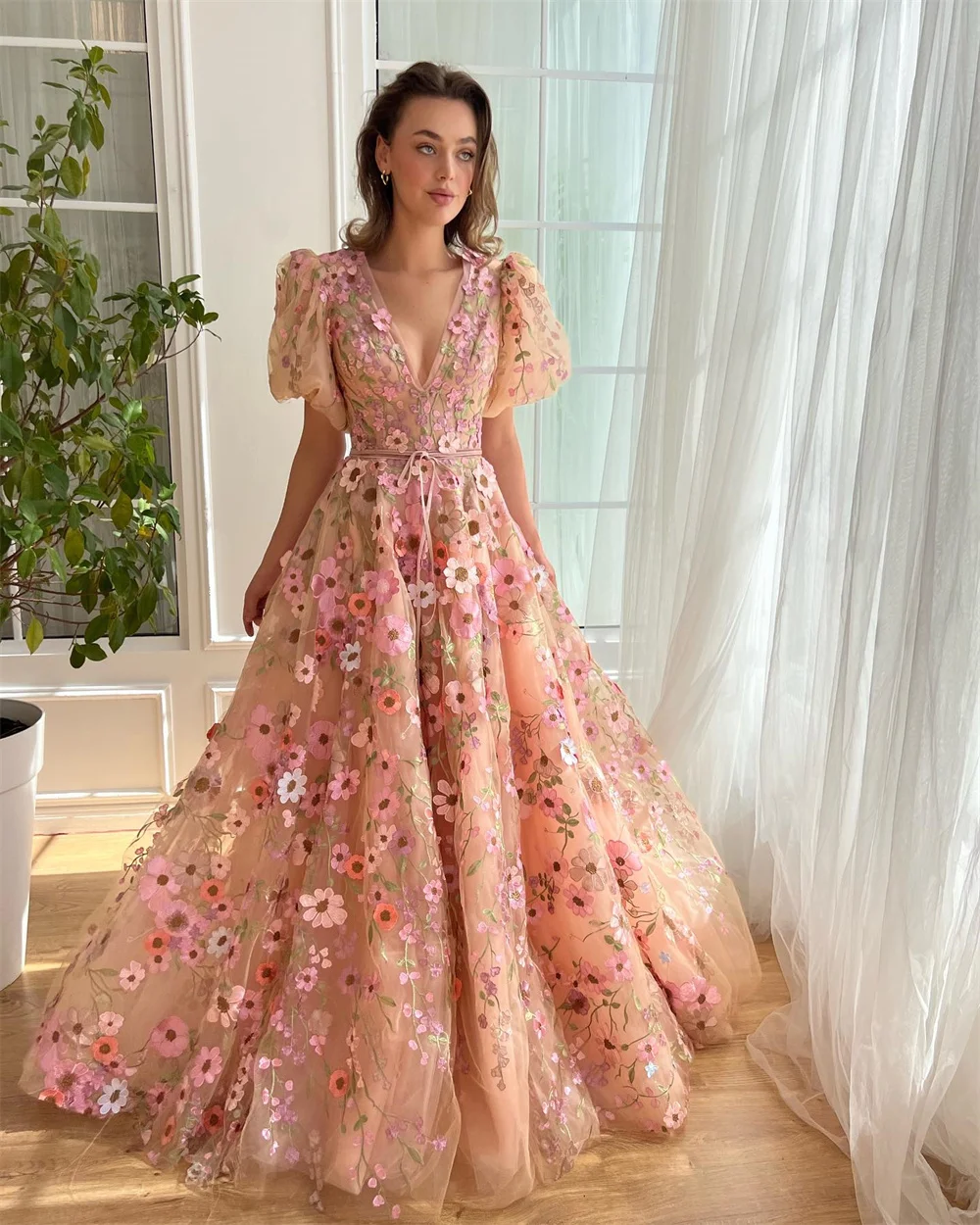 Cathy V-neck Tulle Wedding Dresses 3D Flowers Embroidery vestidos de noche Customized Short Sleeves A-line Formal Evening 2024