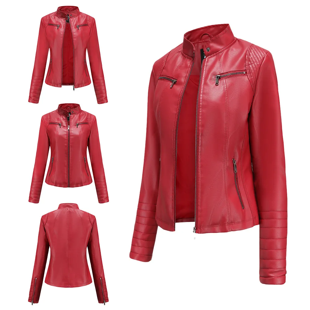 Chaqueta de cuero de moto para mujer, cremallera corta, cuello de pie, top de cuero para exteriores con cremallera de alta calidad