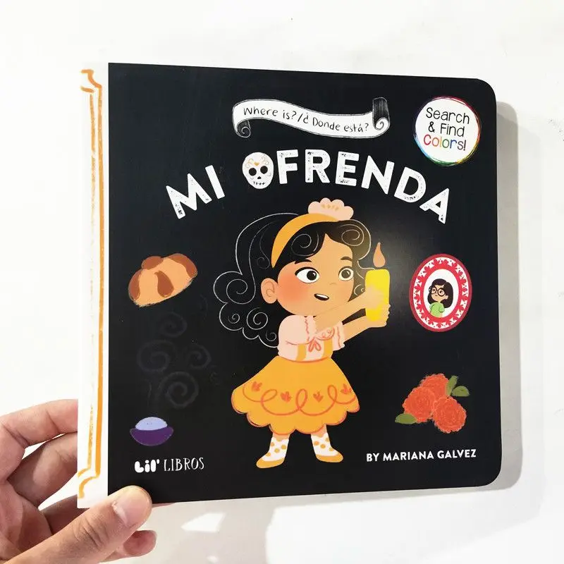 Children's cardboard holiday storybook Dónde está? Mi Ofrenda Day of the Dead Spanish and English versions