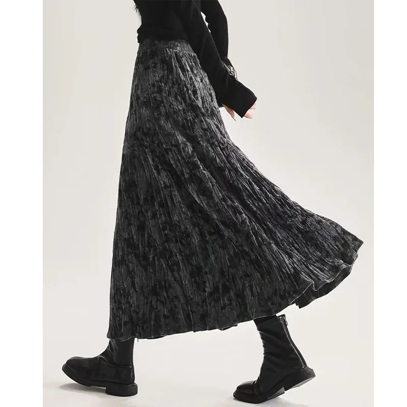 ارتفاع الخصر سميكة المخملية الملمس مطوي مظلة تنورة المرأة المألوف الشتاء نمط جديد نصف طول التنانير #4