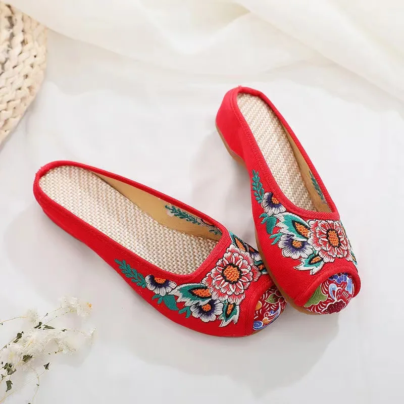 

Old Beijing Cloth Shoes Women's Toe Cap Embroidered Height Increasing Insole Linen Ethnic Style Sandals Home Slippers