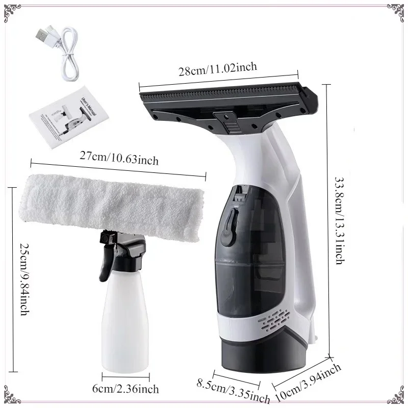 Cordless Window Vacuum Electric Window Squeegee With 150ml Spray Bottle, Portable Vacuum Cleaner Tool For Windows Tiles Glass