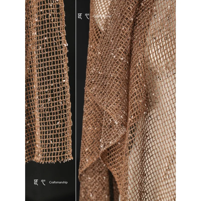 Brown Caramel Textured Granular Mesh Cloth Reconstructed Fish Mesh Perspective Yarn Dress Fashion Designer Fabric