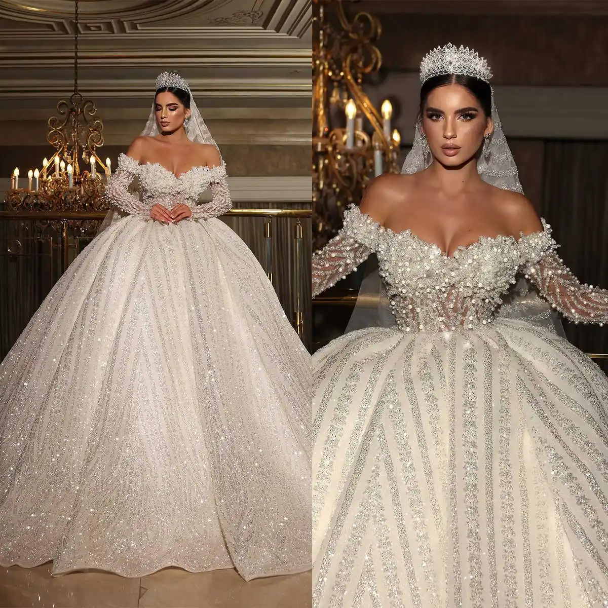 

Luxury Ball Gown Wedding Dresses Appliques Pearls Crystals Lace Bridal Gowns Big Size Vestidos De Novia Custom Size Colour