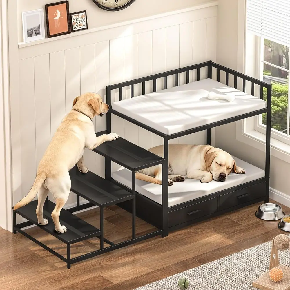 

Приподнятая кровать для собак с местом для хранения и лестницей для крупных пород, компактная мебель для домашних животных для использования в помещении