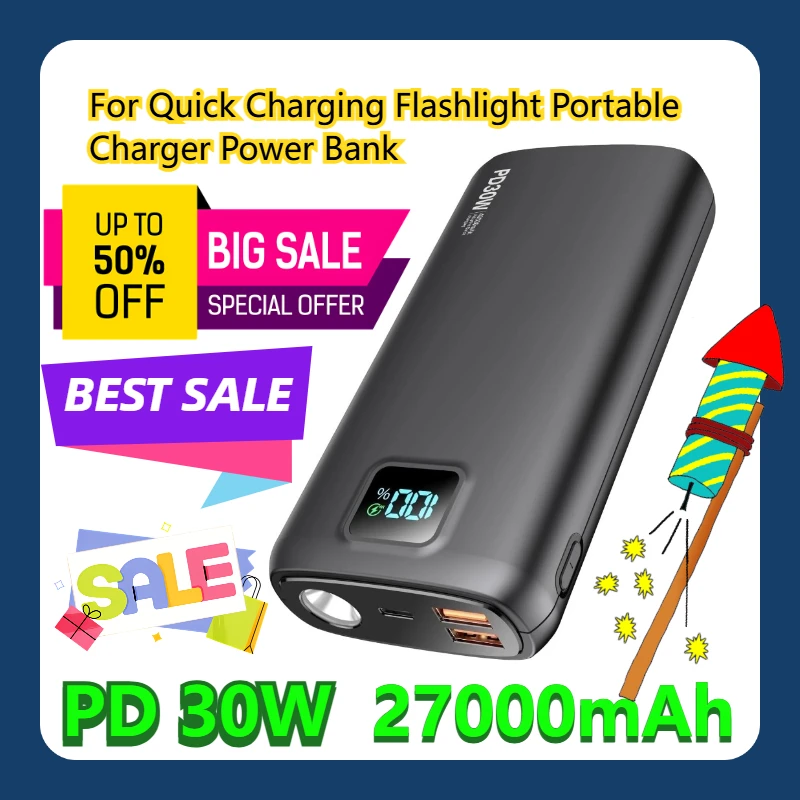 

For PD 30W Quick Charging Flashlight Portable Charger 27000mAh Power Bank