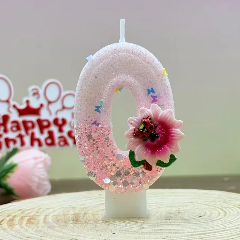Pink and white sunflower ladybug decorated number candles, festive party gifts, birthday and anniversary candles
