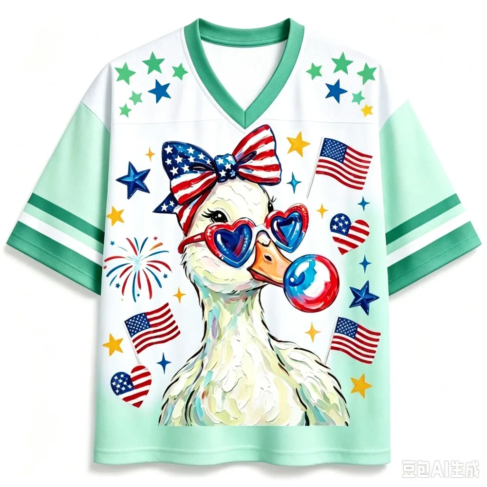 Star Flag Duck Illustration 3 D Print Quick-dry Breathable Sports Men Women Vneck Loose Tshirt Fashionable Y2K Parental Clothing view 4
