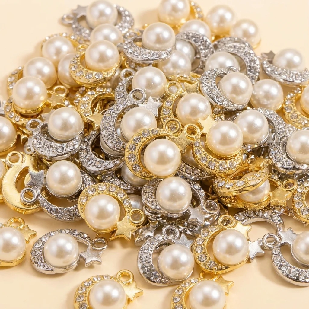 10Pcs Kc Gold/Silver Colour Alloy Charms Pearl Zircon Stars Moon Pendant Earrings Necklace For Jewelry Making Diy Handmade Acces