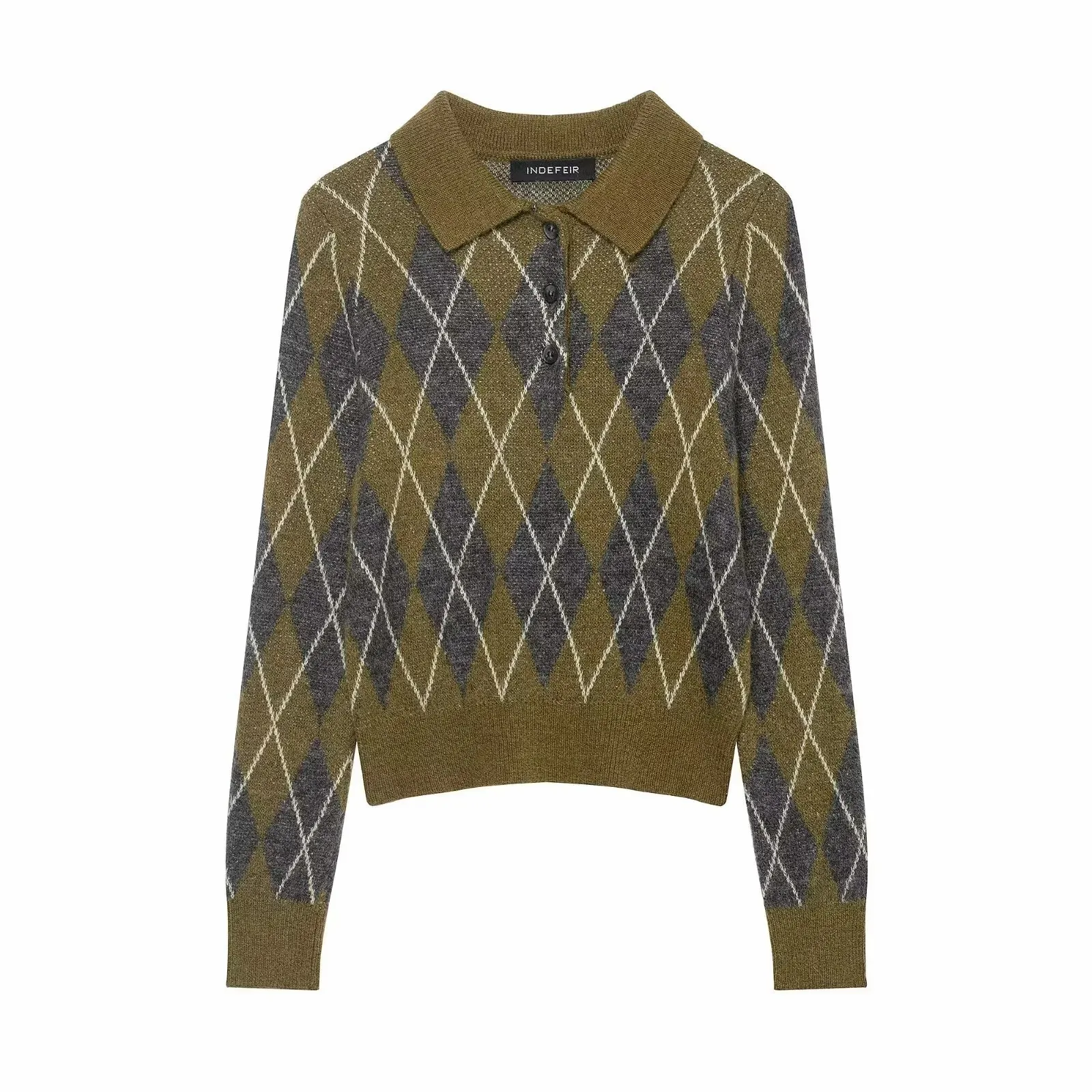 Damen Vintage Diamant Geometrisches Muster Häkel-Strickpullover Weiblicher Schicker Polokragen Schlanker Pullover Mantel Damenoberteile – Detail 8