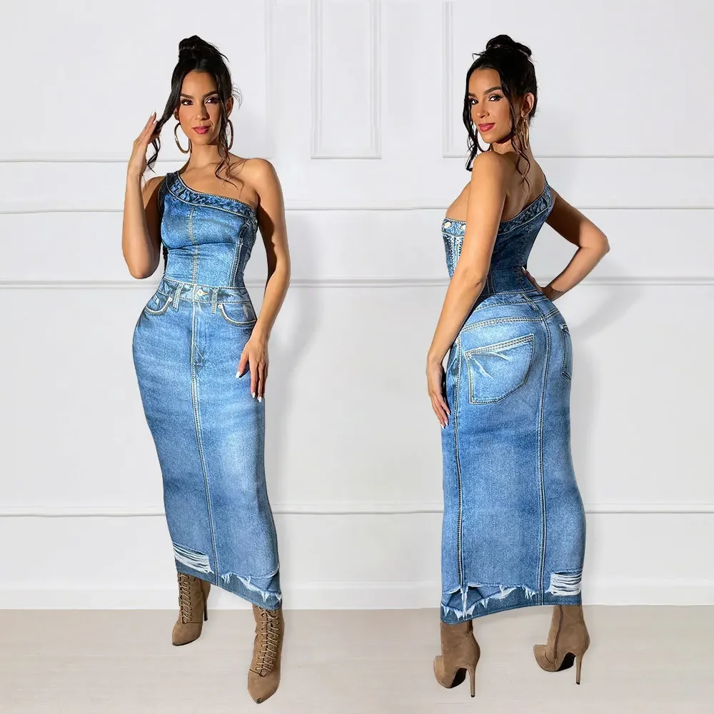 Women Casual Denim Dresses Sleeveless Bare Shoulders Dress for Women Slim-fit Hip Wrap Bodycon Dress Button Tunic Women Clothing