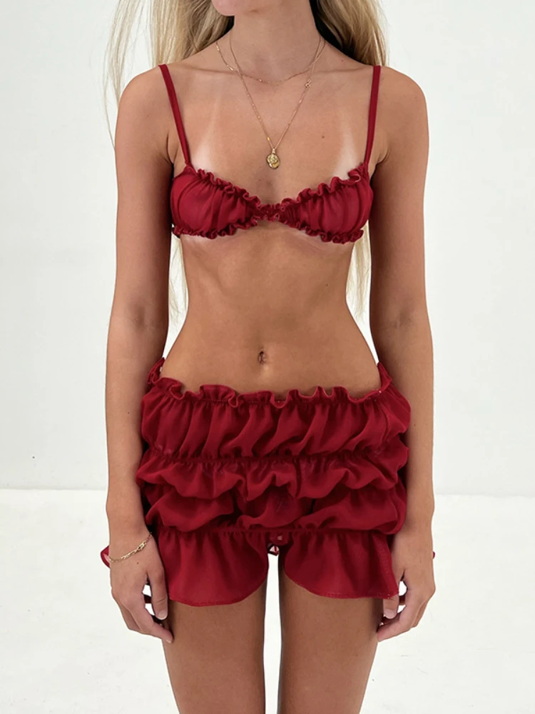 

Y2K Ruffle Mini Skirt Set Red Spaghetti Strap Tops and Low Waist Skirt Outfits Women Summer Sexy Club Party Two Piece Set 2024