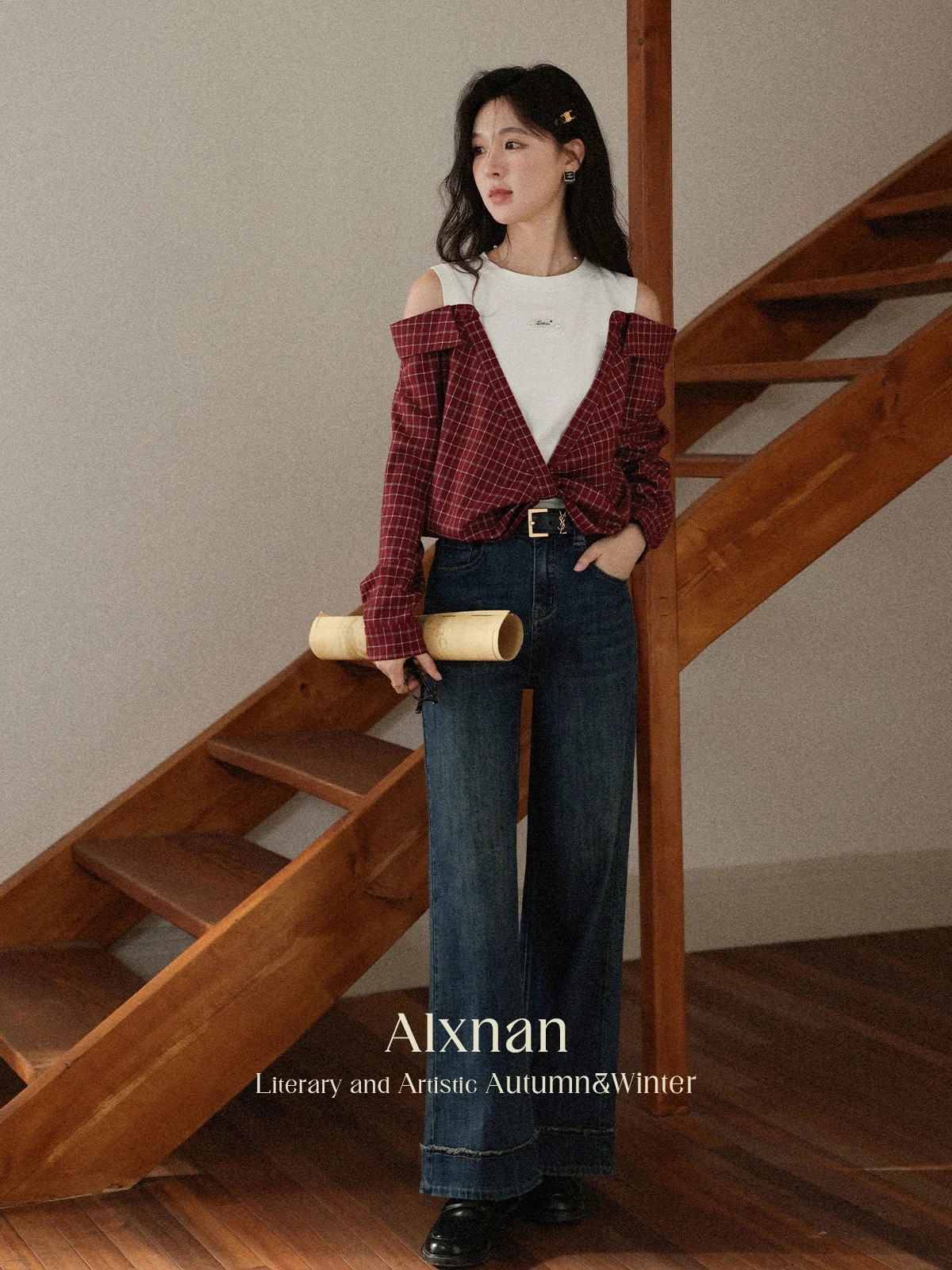 

ALXNAN Baggy Jeans Vintage Dark Blue Wide-leg Women's Jeans Fall Straight High-waist Baggy Pants Cotton Female Trousers L56809