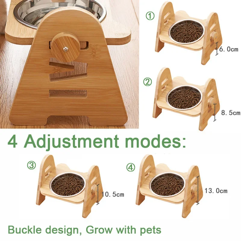 Bamboo Elevated Puppy Cat Bowls with Stand Adjustable RaisedCat Food Water Bowls Holder Rabbit Feeder for Small Medium Pet