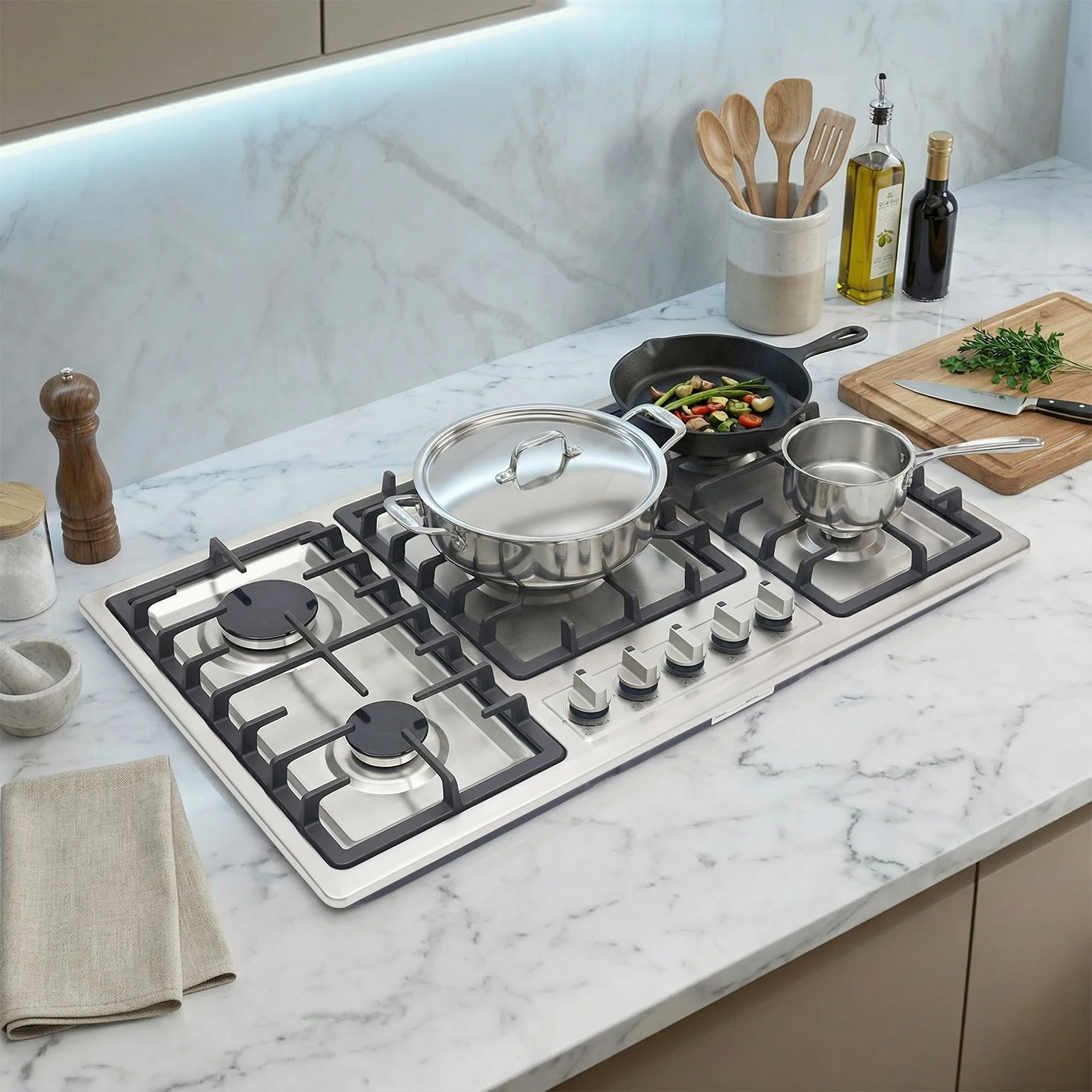 Stainless Steel 5-Burner Cooktop, Gas Stove Top with Dual Installation Options and Flame Failure Protection
