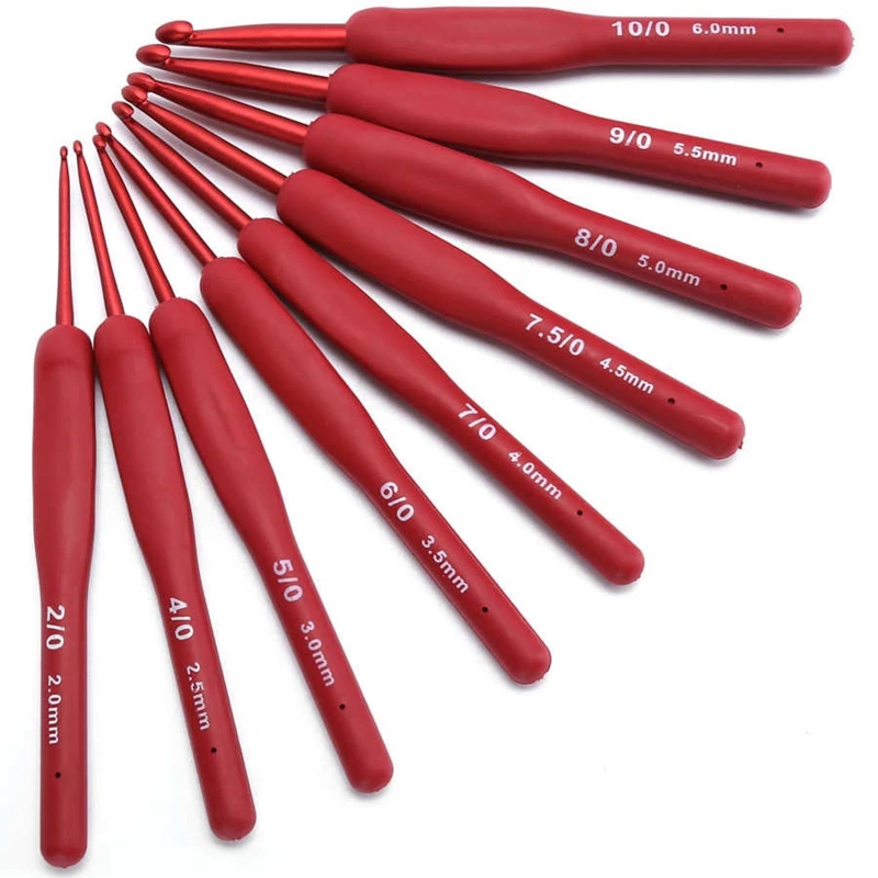 HOT SALE 9Pcs/Set Red Tpr Soft Rubber Handle Frosted Aluminum Hook Head 2.0-6.0Mm Diy Crochet Medium Roving Sewing Tools Kit