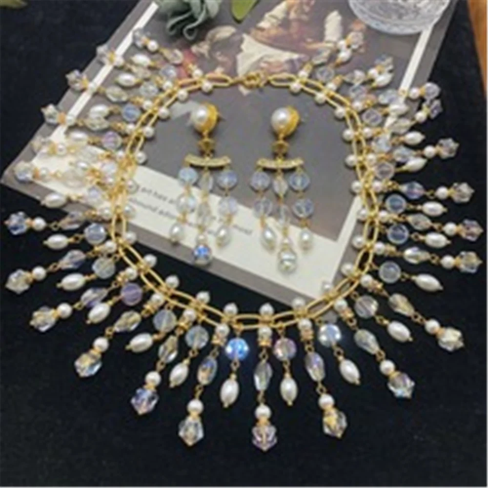 

Negiria Fashion Temperament Heavy Industry Crystal Glass Pearl Tassel Necklace Earrings Retro Fashion Set SP-911201