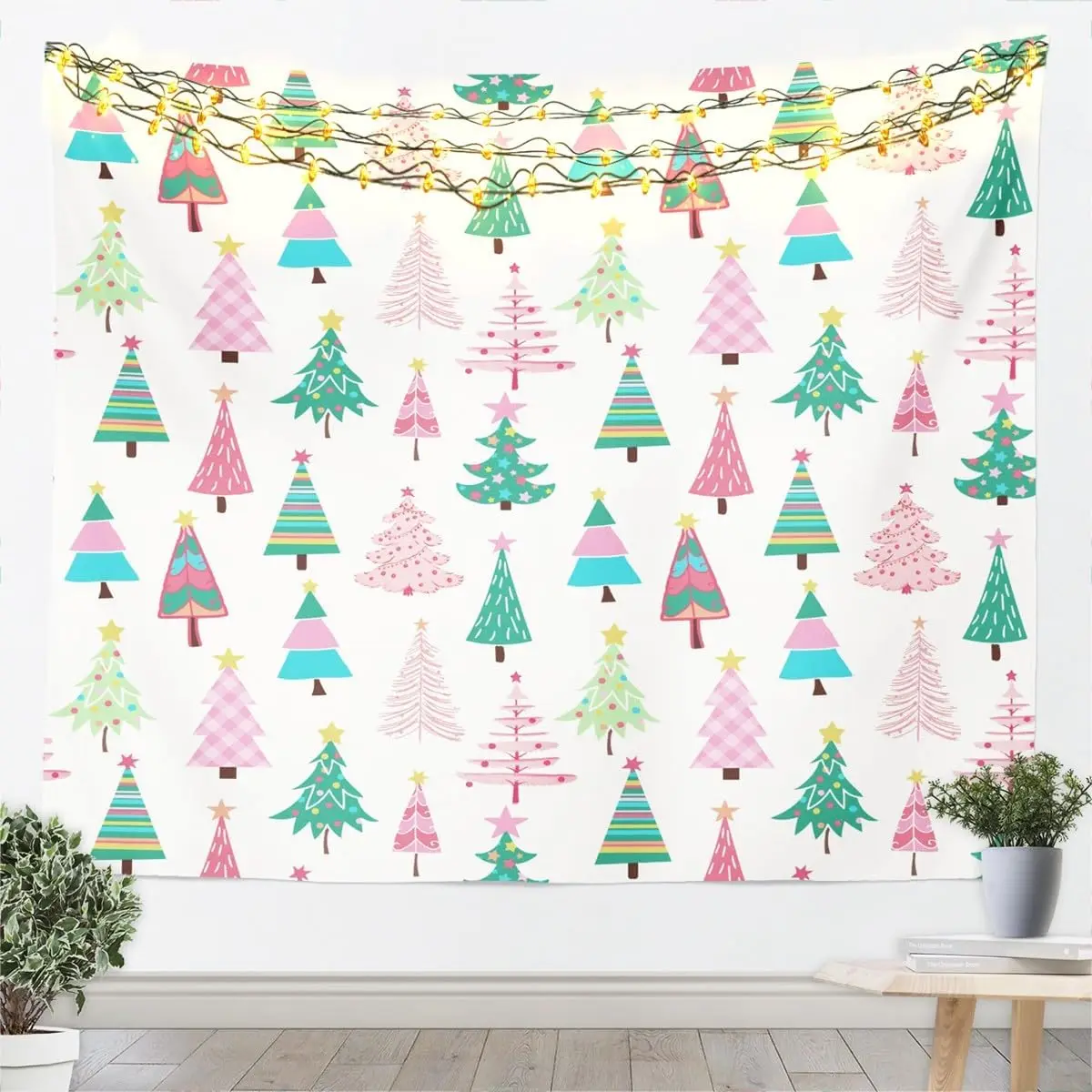 Christmas Tree Tapestry,Colorful Stripes Grid Pine Wall Hanging Art Merry Christmas Wall Blankets Cartoon Stars Poster for Kids