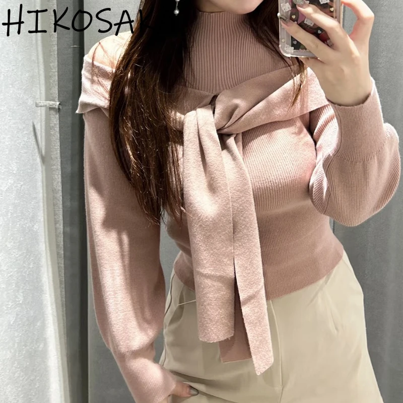 

Half High Collar Off Shoulder Long Sleeve Knit Pullovers Lace Up Design Fashion Autumn Winter Sweaters Solid All-match Warm Top