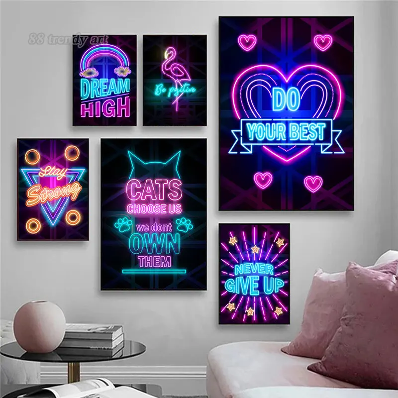 Dogs Cats Neon Art Canvas Print Posters Be Positive Neon Art Quote Canvas Painting Pictures NO LED Effect Wall Art Decoration