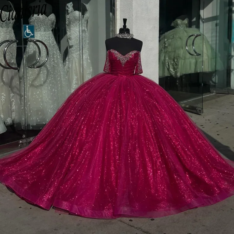 Glittering Fuchsia Quinceanera Dress Ruffles Off The Shoulder Sweetheart Robes De Soirée Vestidos De 15 Anos