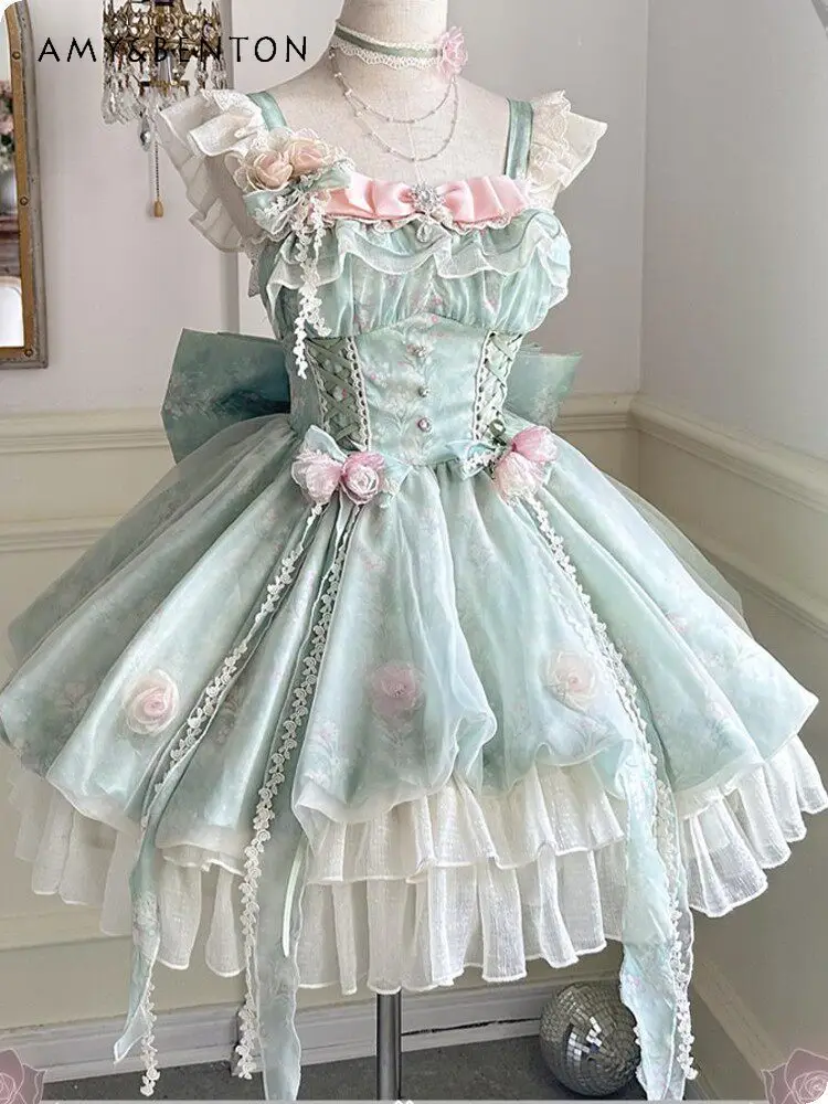 

Sweet Mint Green Lolita JSK Dress Floral Lace Ruffle Tiered 3D Flower Bow Trailing Puffy Dress Princess Party Gown for Women