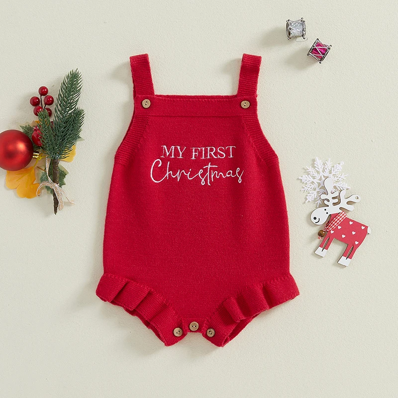 私の初めてのクリスマス-赤ちゃん女の子男の子ノースリーブロンパースニット刺繍ボタンジャンプスーツ新生児クリスマス服