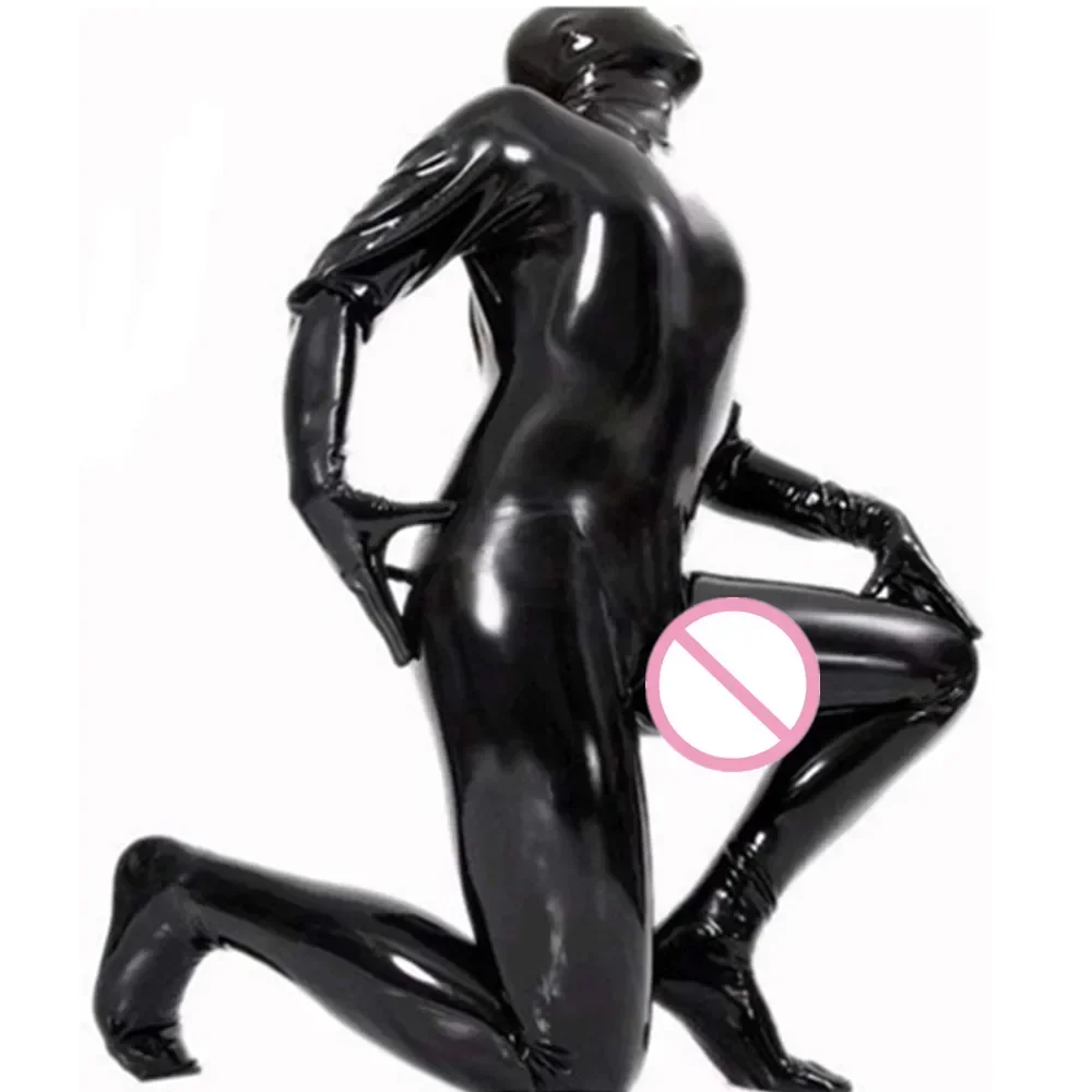 Men Latex PVC Catsuit Sexy Lingerie Faux Leather Night Club Bodysuit gay fetish cosplay Zipper open crotch Erotic wear costumes