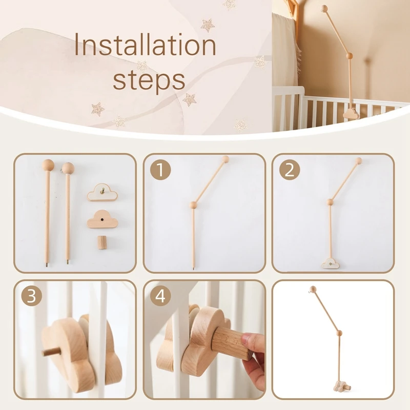 Baby Wooden Bed Bell Bracket Mobile Hanging Rattles Toy Hanger Cloud Shape Baby Crib Mobile Bed Bell Toy Holder Arm Bracket Gift