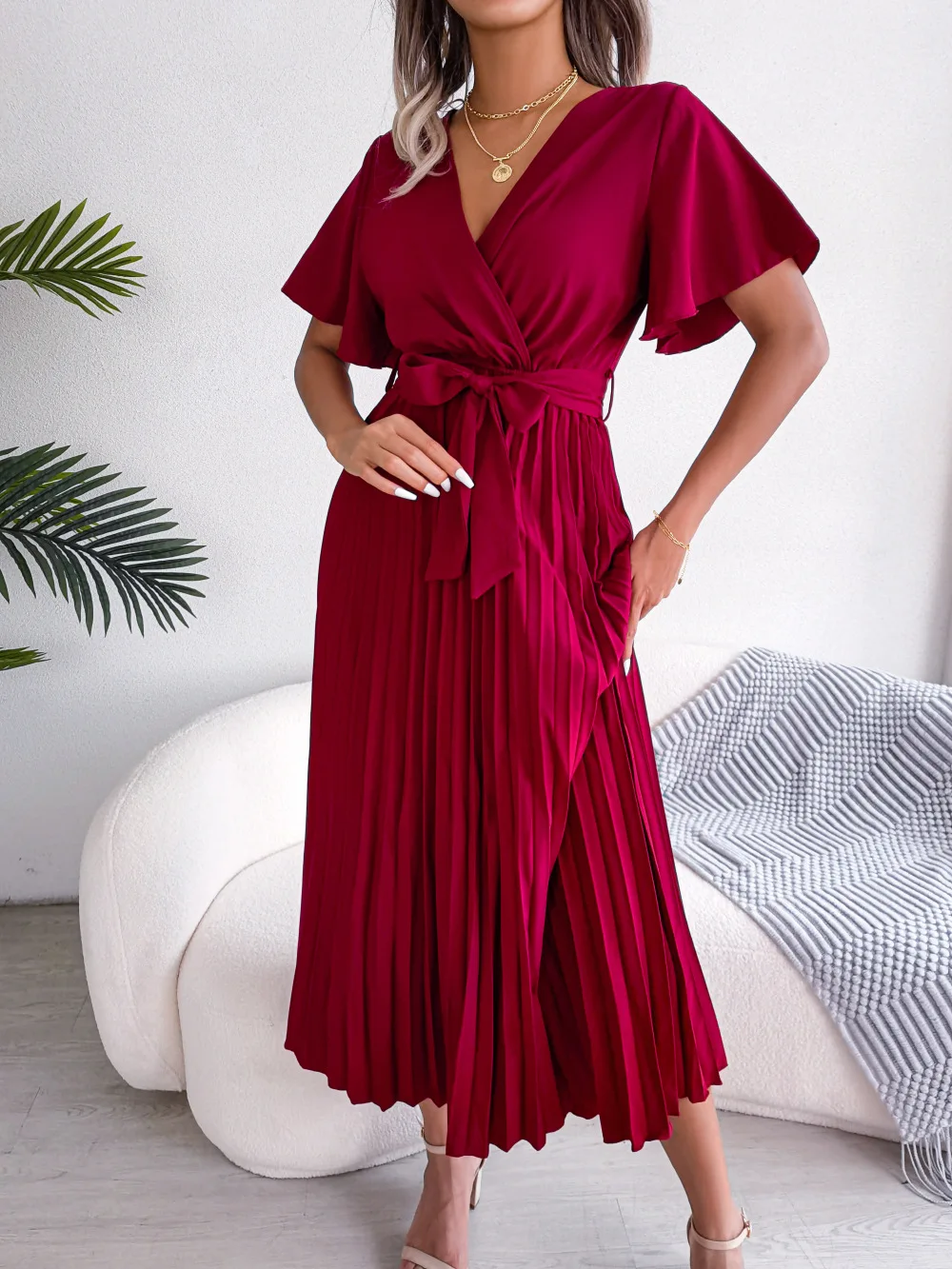 Women Summer Casual V Neck Short Sleeve Pleated Chiffon Maxi Dress Black Red Green Clothing view 6