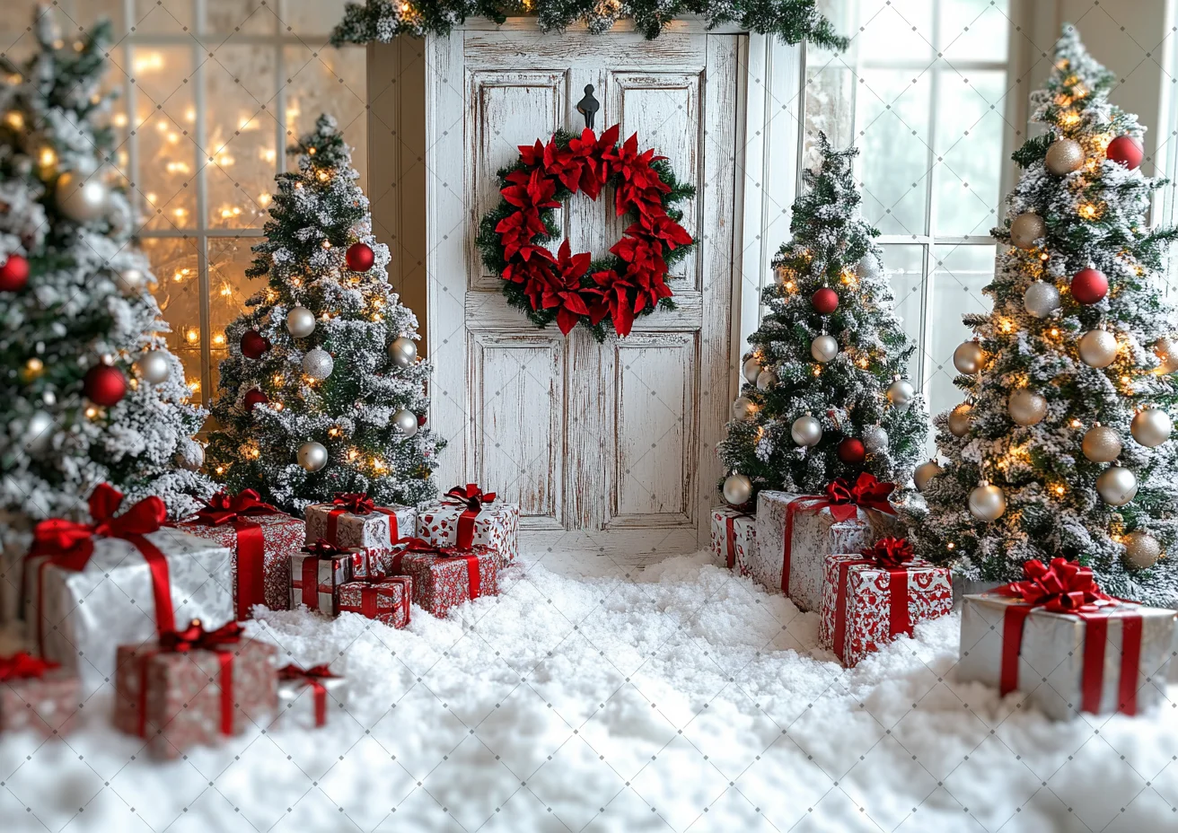 Christmas Tree Photography Backdrop White Vintage Door Red Wreath Gift Box Snow Ground Photo Background for Xmas Family Shooting