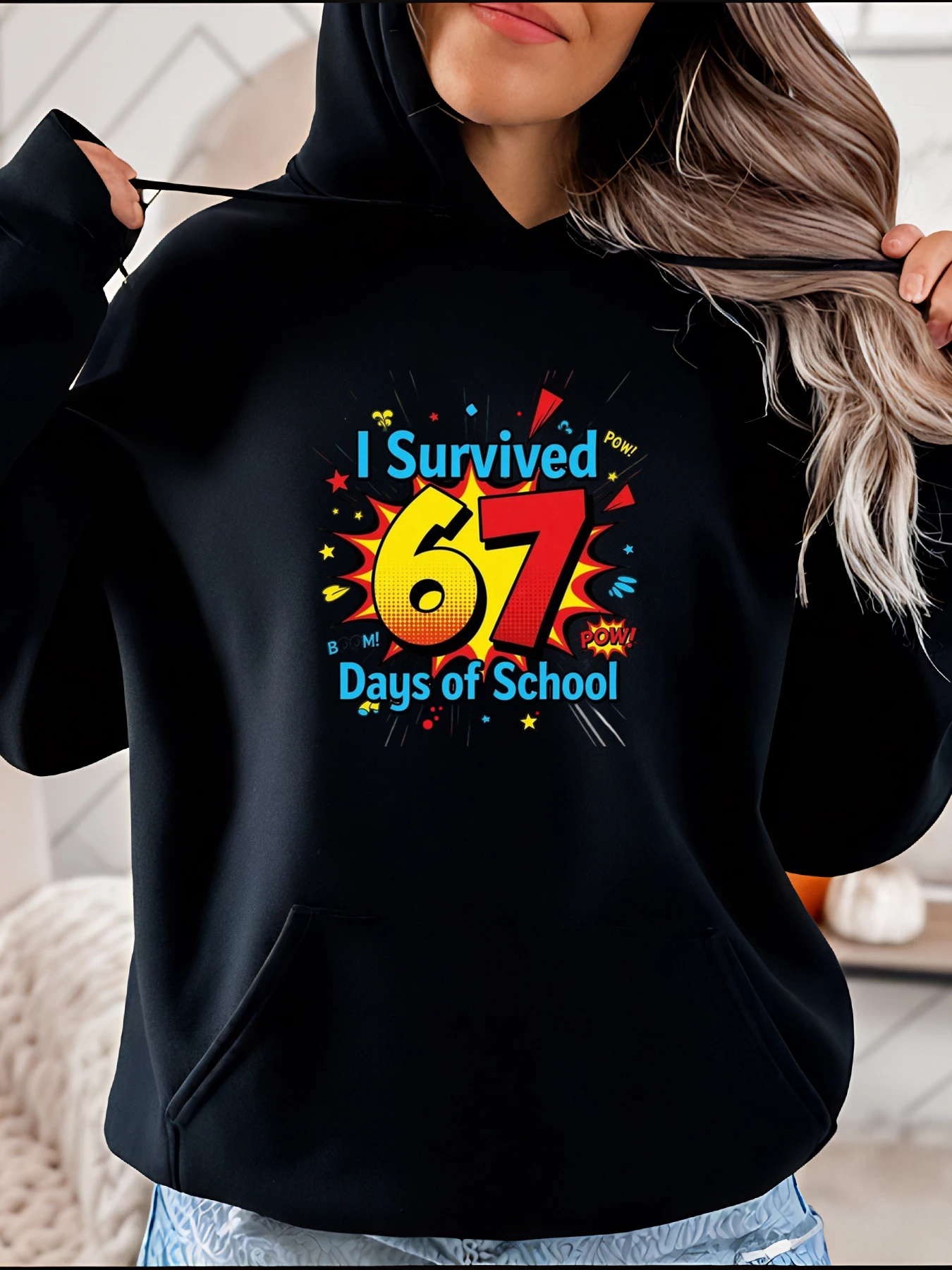 

I Survived 67 Days of School Print Hoodie Casual Comic Style with Pop Art Details for Students School Events