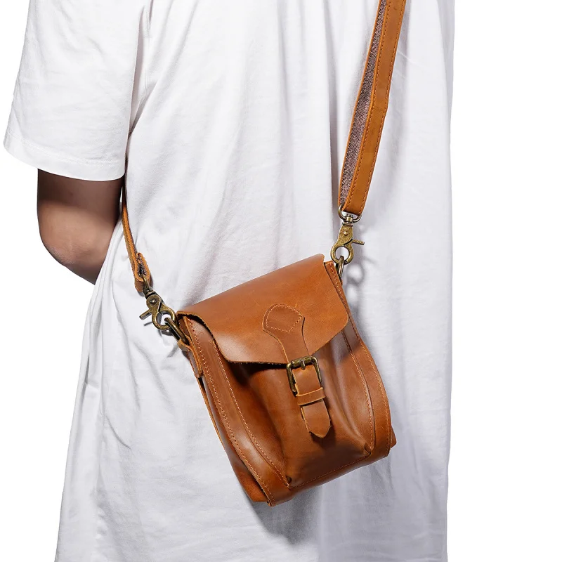 Customizable Men's  Square Bag Cowhide Crossbody Belt Waist Hanging Mobile Phone Bag Genuine Leather Street Style