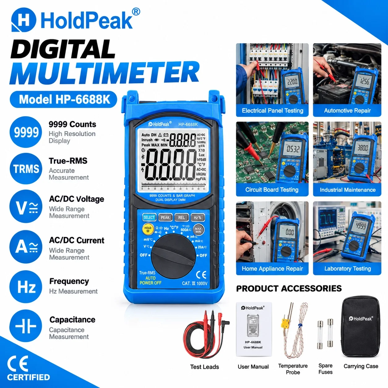 HoldPeak 6688K 9999 Counts Insulation Tester 100V-5000V True RMS Multimeter AC DC Voltage Current Cap Freq Temp